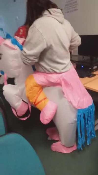 We did secret Santa in school and someone got an inflatable unicorn suit