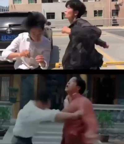 Guys recreate scenes from a Kung fu movie.