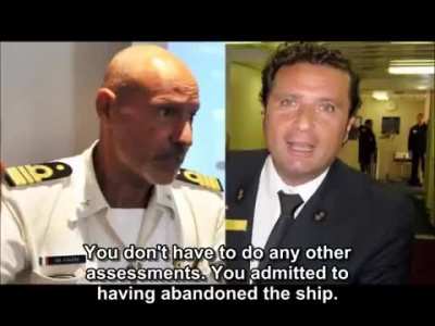 The entire phone call between Capt. Gregorio de Falco of the Italian Coast Guard and Capt. Francesco Schettino, who abandoned the sinking Costa Concordia on a lifeboat while 300 people were still on board. Schettino never returned to the ship