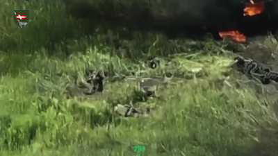 A Russian MTLB carrying infantry hits a mine and Ukrainian drones finish it off