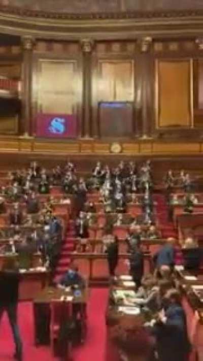 The Italian senate's reaction after blocking a law that would've punished violence against LGBTQIA+ and disabled people...