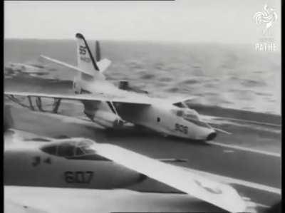 A Douglas RA-3B Skywarrior breaks a nose wheel during a carrier landing on the USS Coral Sea (CV-43) in 1963. Pilot is able to takeoff again and do a landing into the crash barrier.