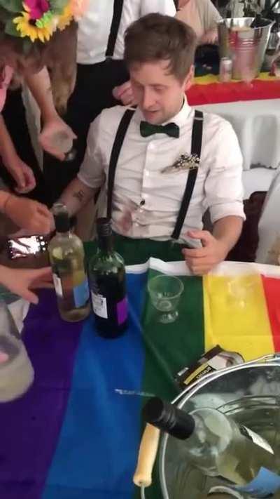 My friend at a wedding getting assaulted with white wine after already being devestated that his new shirt was ruined by red wine. He didn't know the trick, yes it worked.