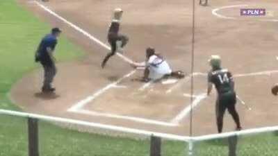 Kid jumps over the catcher and touches the plate to get the run. SAFE!!!