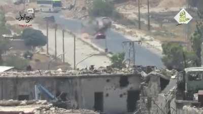 FSA fighters hit a Hezbollah Toyota with an ATGM causing the vehicle to veer of the road and crash. August 3rd, 2016.