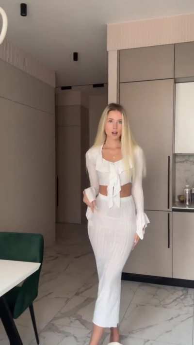 Polina Malinovskaya - Long White Sheer Skirt Over Pink Lingerie with Cute White Shirt (IG Story Clip)