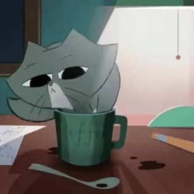 Animated cat goes in coffee cup