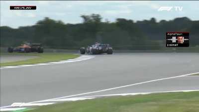 Right rear tyre failure causes Daniil Kvyat to spin and crash at ~300kph. Silverstone Circuit, 02-08-2020.