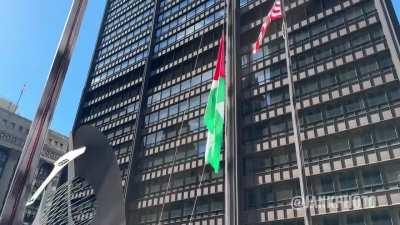 Palestine flag flown over Daley Plaza in Chicago. Raised to a higher position than the American flag. This is where the DNC will hold its convention this year.
