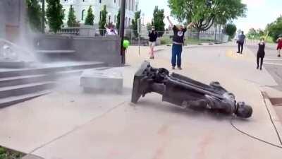 Breaking News (literally): Protesters have toppled the Christopher Columbus statue at the Minnesota State Capitol