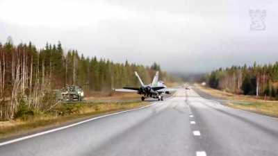 Finnish Hornets take off from a highway strip [video]