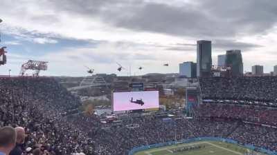 Dangerous Flyover at the Packers Titans game in Nashville - stadium level view