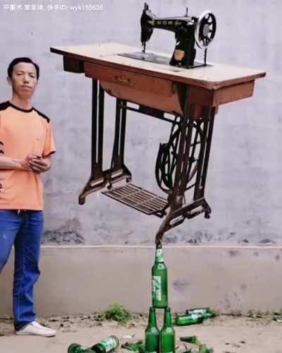 Balancing a sewing table on glass bottles