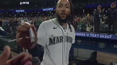 JP gives us some words of wisdom and signs the camera following his game-winning hit!