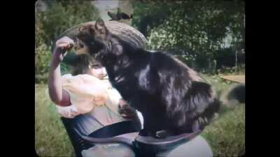 The world's first cat video, estimated to be filmed in May 1900, Madeleine Koehler plays with and feeds the family cat