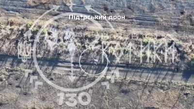 Ukrainian drone operators successfully destroyed a Russian Mavic drone by dropping a grenade with pinpoint accuracy.