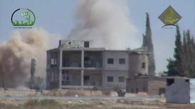 FSA fighters use a barrage of improvised artillery to open up an infantry assault - Aleppo - 2015