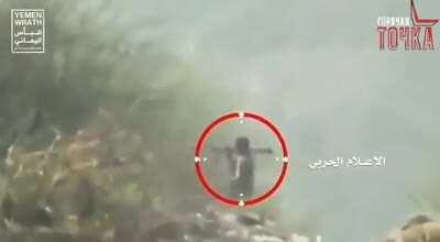 Houthi sniper hits coalition fighter before he could fire his RPG.