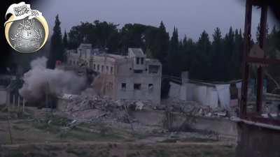 FSA engineers undermine a fortified Syrian Army building, only damaging the structure - Harasta - 4/17/2014