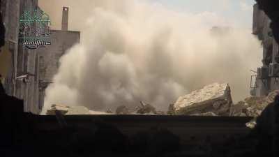 Islamic Front engineers use a smaller tunnel bomb to undermine a single SAA occupied building - Damascus - 2014