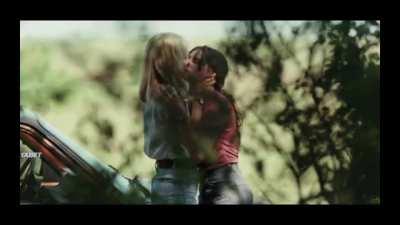 Clémence Poésy (Cécile) & Laetitia Casta (Nicole) lesbian kiss in Beyond the Horizon (Le milieu de l'horizon) (2019)