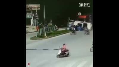 World's unluckiest man gets hit by a light pole, a car, and a semi before finally just exploding.