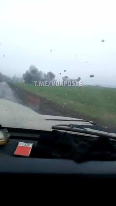 Ukrainian soldiers drive into Russian rocket barrage and end up stalling their vehicle somewhere in Donbass