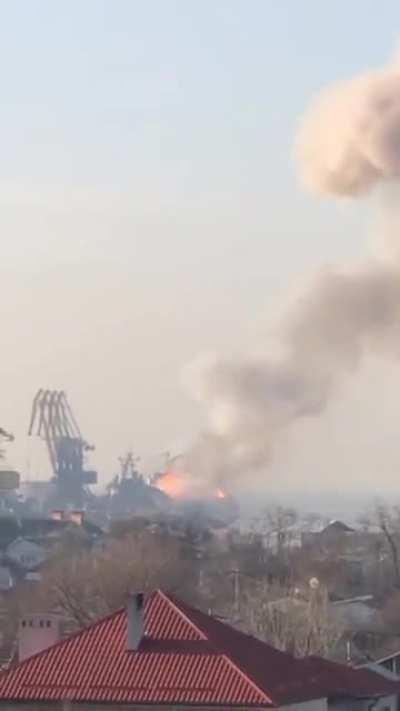 Russian vessel exploding at Berdyansk port after reported Ukrainian strike.