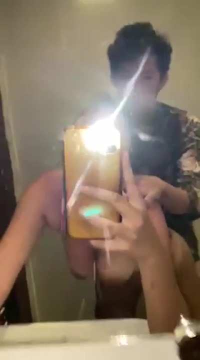 Horny babe fucked in front of the bathroom mirror