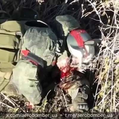 Aerial Reconnaissance Group of the 30th Separate Mechanized Brigade drop a munition on Russian Soldier, Zaliznyanskoye Village, Donetsk region