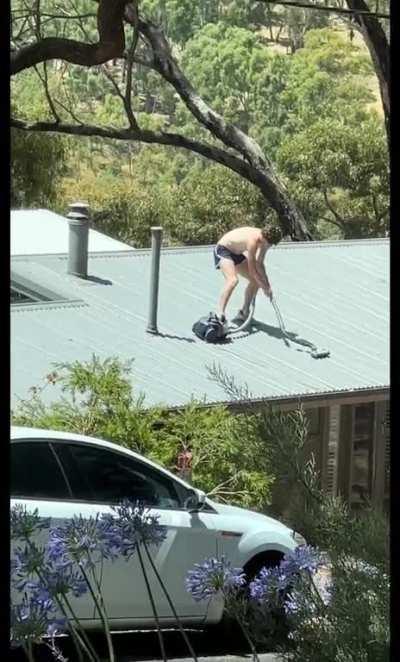 Just a man vacuuming his house roof