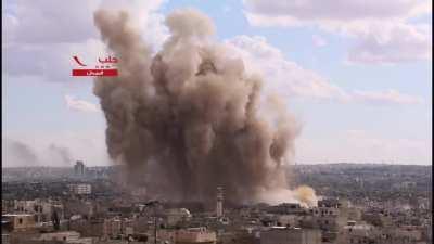 Dawn of Freedom Brigade engineers undermine a collection of Syrian Army held buildings, detonating a tunnel bomb - Aleppo - 6/2/2014