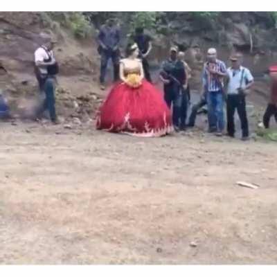 Quinceñera with the cartel in attendance.. Quinceañera means the celebration of a girl's 15th birthday, marking her passage from girlhood to womanhood; it is tradition in Mexico