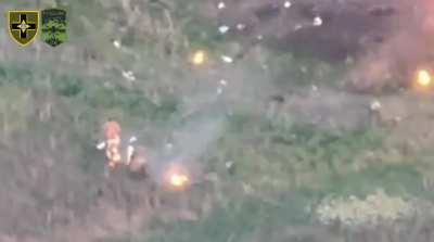 Ukrainian drone dropped TM-62 mine takes out a Russian MT-LB + ignites a soldier by Kurdyumivka. Published May 2024 (at 48.4640, 37.9832)