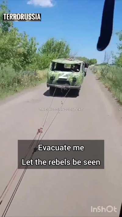 Russian &quot;combat reconnaissance vehicle&quot; UAZ-452, with no working brakes, crashes on its way to the front line.