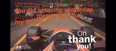 TAKE CARE OF MY CAR! | this is Jenson button replacing Fernando Alonso for one race, and this is the conversation between them right before the race