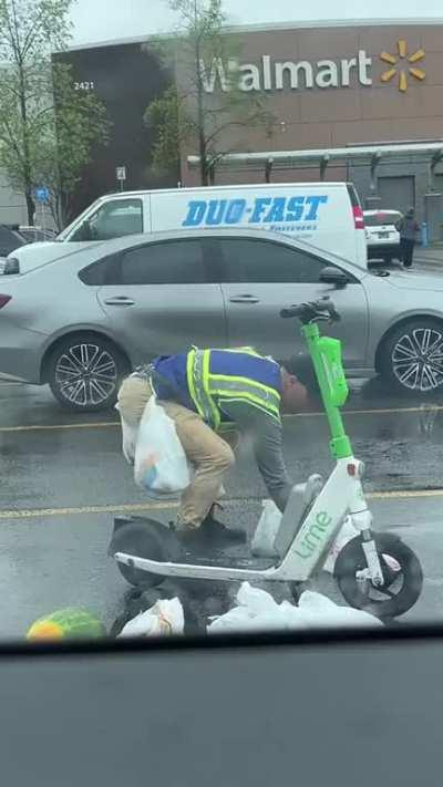 Carrying groceries on a scooter