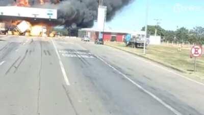 Truck carrying deodorant cans ignites after crashing into toll booth at high speed. 2021-03-28, Brazil.