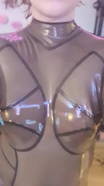 Trying on my new semi-transparent latex catsuit!