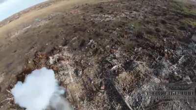 A Russian drone rams a Ukrainian drone and sends it to the ground, it's charge goes off, near Marinka