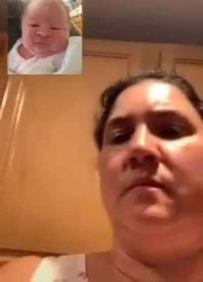 Woman says 'EW' after looking at baby before realizing that parents are on video call