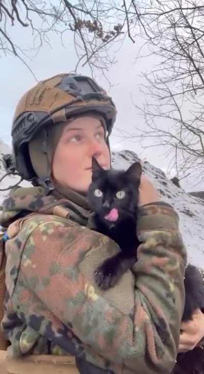 AFU servicewoman seeks comfort with a stray cat