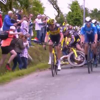 Fan poses for photo during stage 1 Tour de France earlier today