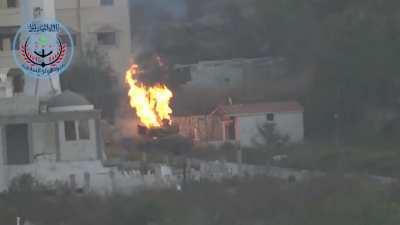 Syrian Army T-72 violently cooks off after being engaged by a BMG-71 TOW missile - Lattakia - 10/16/2015