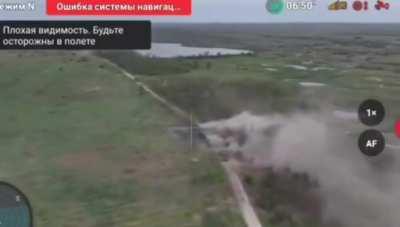 A Russian tank and a BMP during an attack turn around after nearly getting hit by a Ukrainian artillery strike, during their retreat the BMP is abandoned after another artillery strike