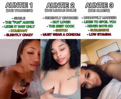 You’ve only got time to visit one Auntie before you travel out of town for the week. Which one are you choosing?