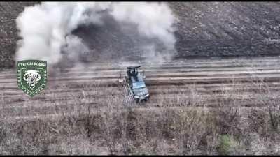 Improvised Grad 122mm rocket launcher firing against Russian positions. Volunteers of the Steppe Wolves Company. Published on April 2024