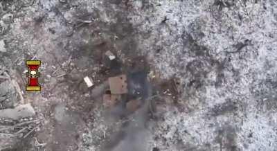 Drone-dropped grenade sets Russian's glutes on fire. December 2023