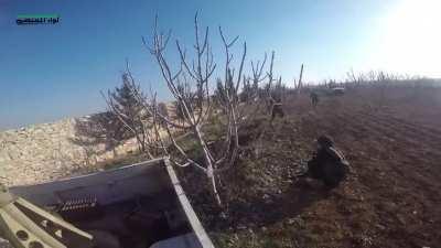 POV footage an FSA fighter engaging IS targets with an M2 Browning mounted onto a Toyota pickup - Al-Bab - January 2017