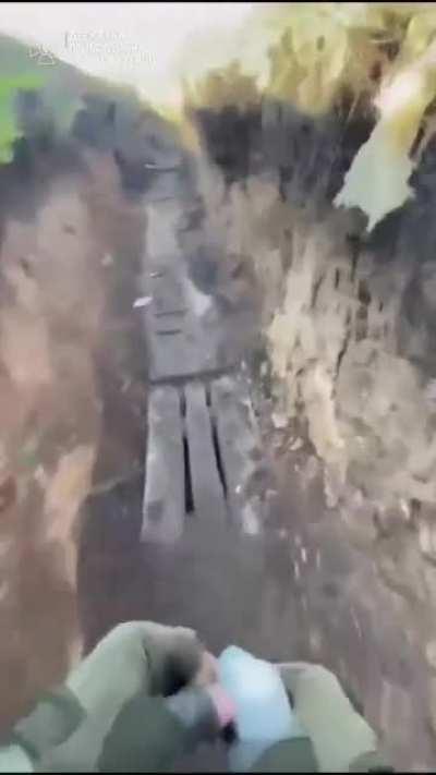 First person perspective from Ukraine soldier fighting in trenches. Russians are supposedly 80 meters away